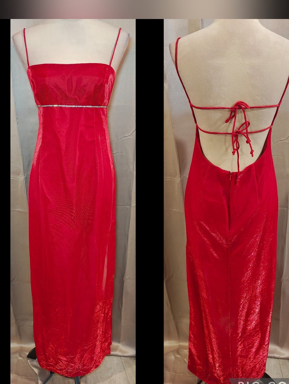 🔥90s Morgan & Co Red Liquid Shimmer Formal Prom Dress Gown w/ Slit & Open Back